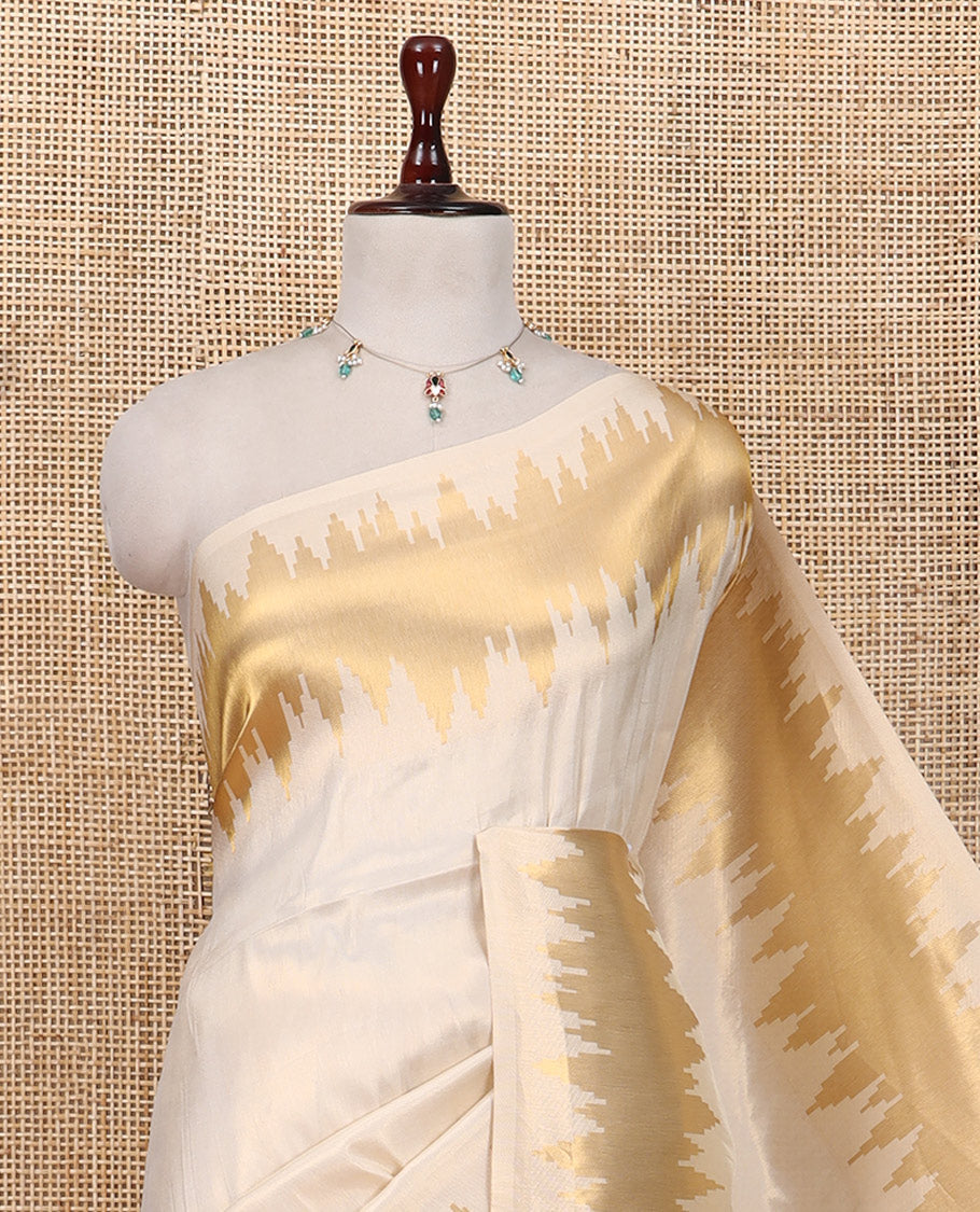 Gold Plain Tissue Silk Saree, Highlighted by Gleaming Zari Temple Border, Grand Pallu, and a Matching Blouse