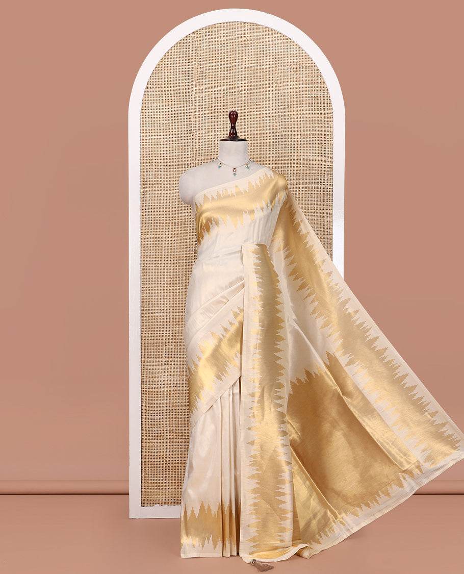 Gold Plain Tissue Silk Saree, Highlighted by Gleaming Zari Temple Border, Grand Pallu, and a Matching Blouse