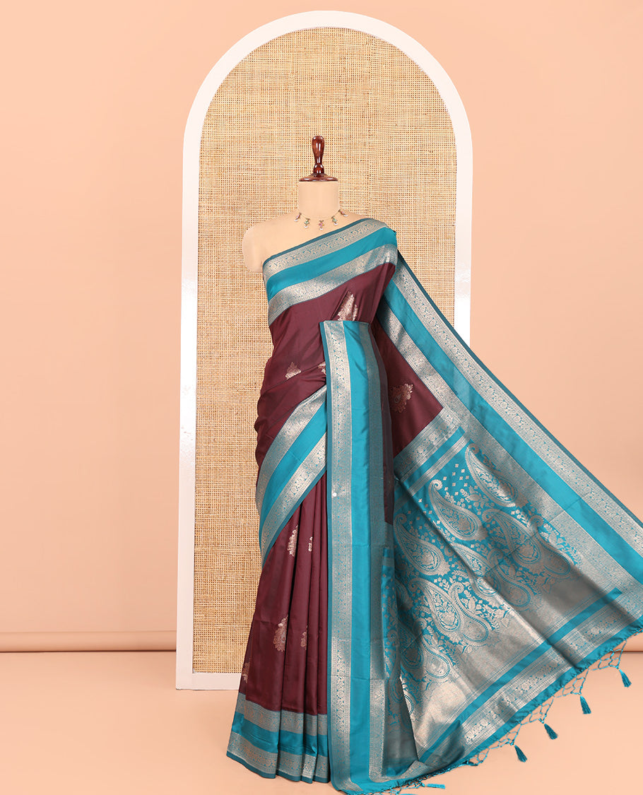 Wine Elite Soft Silksaree Features Buttas, Contrast Rettai Pettu Border, Paisley Pallu, Contrast Blouse