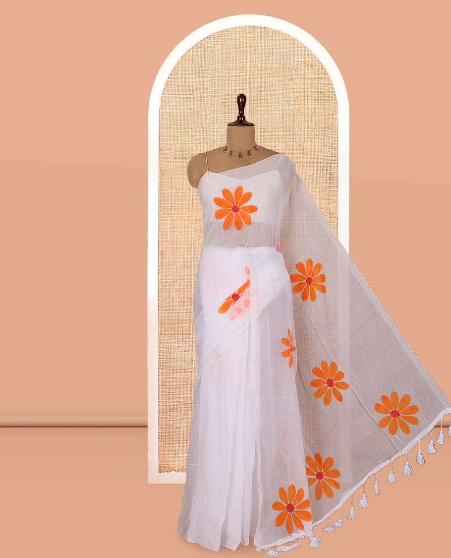 Borderless White-Orange Daisy Flower Printed Khadi Mul Cotton Saree Without Blouse