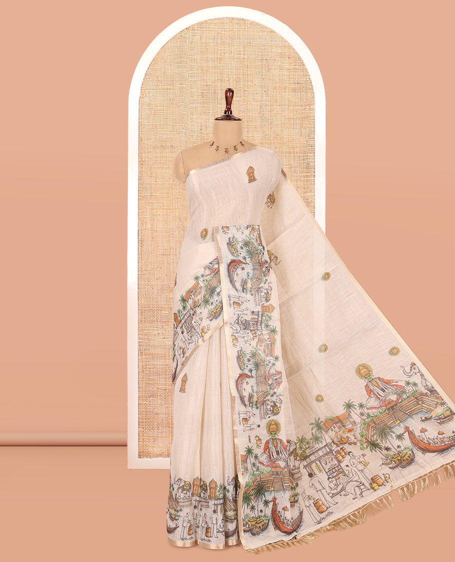 Cream Tissue Saree Features Kerala Culture Print, a Zari Border, Kerala Culture Pallu, and Matching Blouse