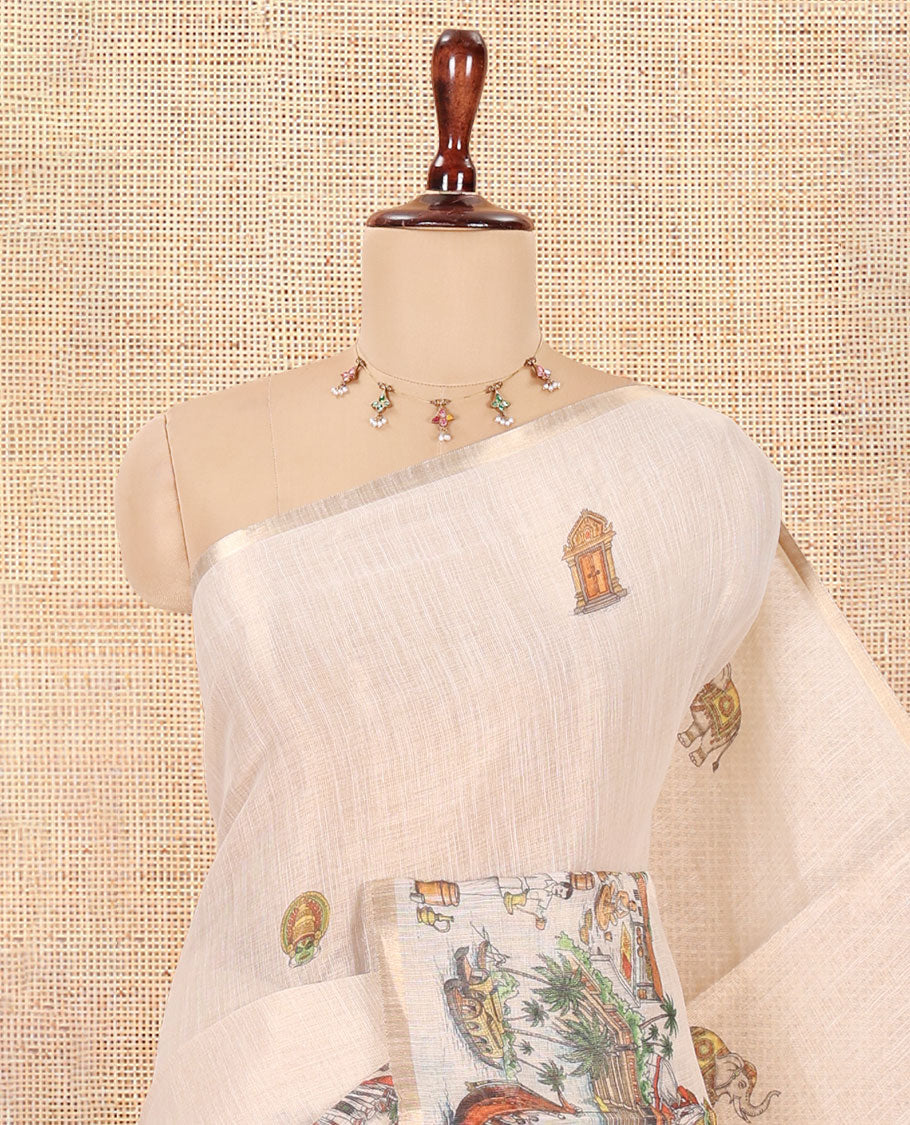 Cream Tissue Saree Features Kerala Culture Print, a Zari Border, Kerala Culture Pallu, and Matching Blouse