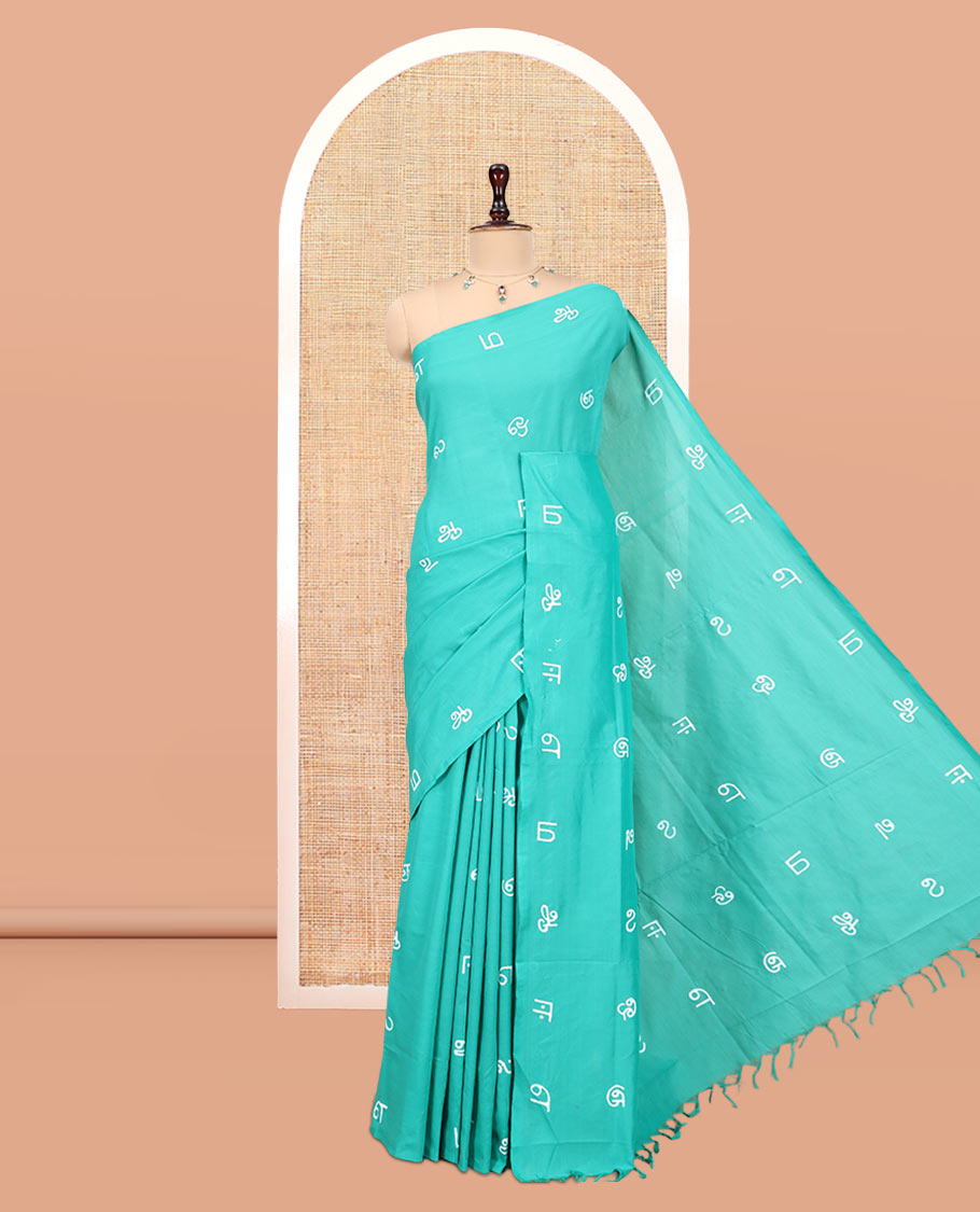 Borderless Rama Blue South Cotton Saree, Steeped with Tamil Letters Print, Has a Matching and Contrast Block Printed Blouse