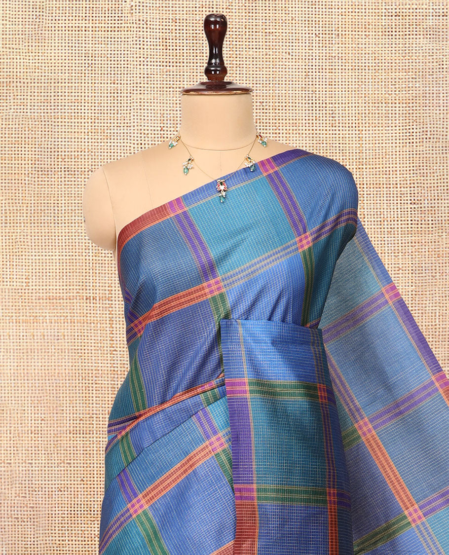 Borderless Blue Macro-Checked Katan Silk Saree, a Subtly Striped Pallu, and a Contrast Blouse