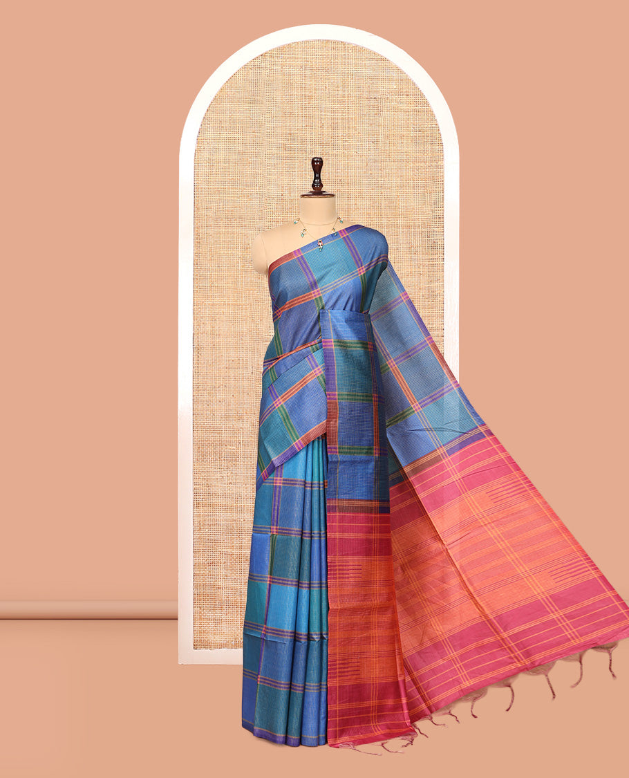 Borderless Blue Macro-Checked Katan Silk Saree, a Subtly Striped Pallu, and a Contrast Blouse