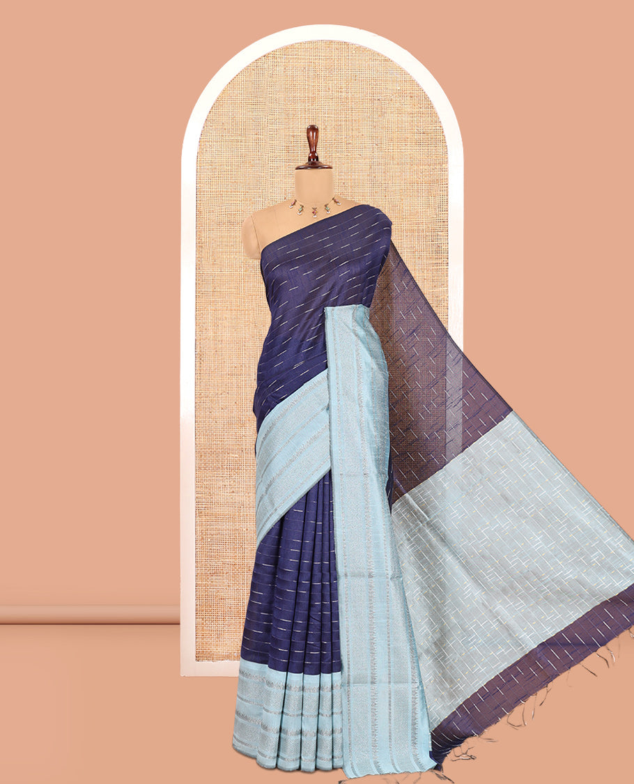 Navy Blue-Grey Semi-Raw Silk Saree, Subtly Sparkled with Thread Stripes, a Contrast Traditional Zari Border, Checked Pallu, a Contrast Blouse