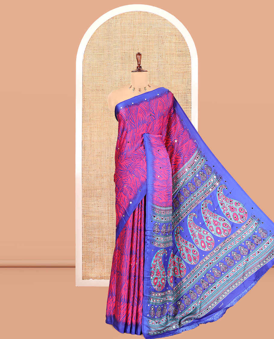 Pink Satin Crepe Saree, Decked Up with Zebra Print and Mirror Work, a Contrast Border, Paisley Printed Pallu, a Contrast Blouse