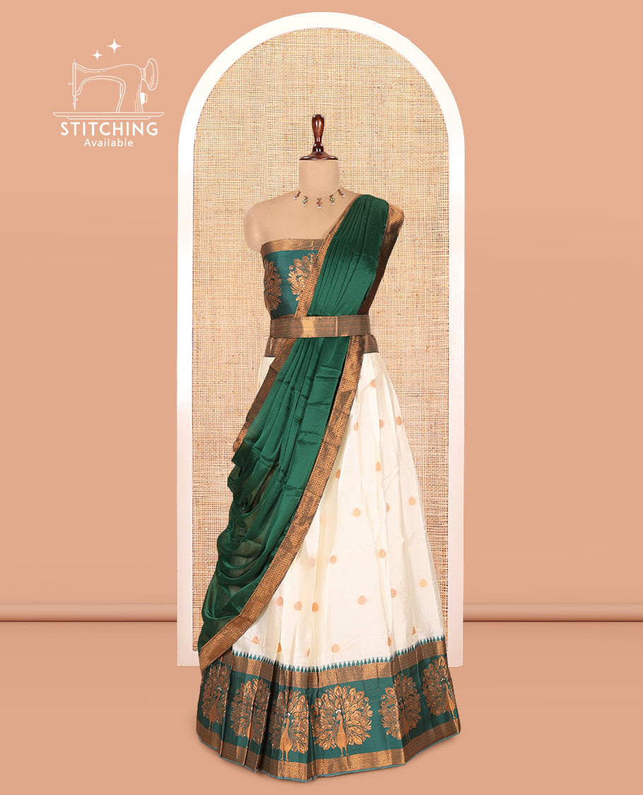 Cream-Green Semi-Silk Half-Saree