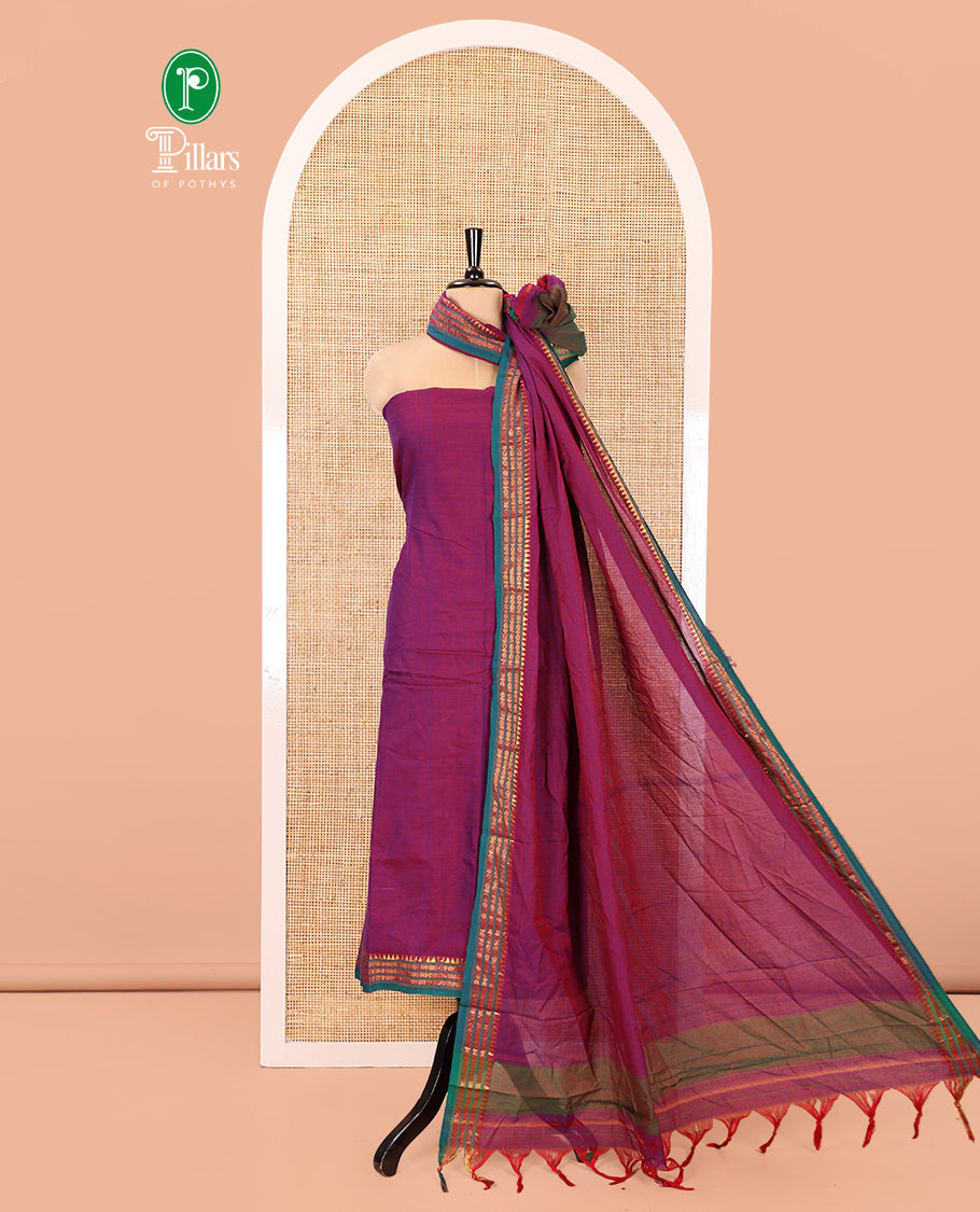 Magenta Mercerised Cotton Material Chudidar Set, Adorned with Rudraksham-Temple Bordered Top, a Mercerised Cotton Bottom, and Paired with a Matching Mercerised Cotton Rudraksham-Temple Bordered Dupatta