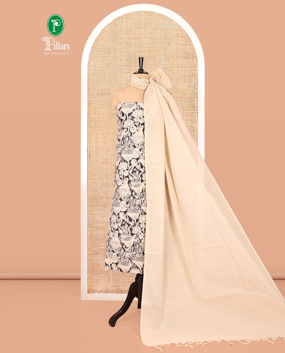 Chiku-Black Cotton Material Churidar Features Kalamkari-Pichwai Printed Top, Contrast Bottom, and Contrast Dupatta