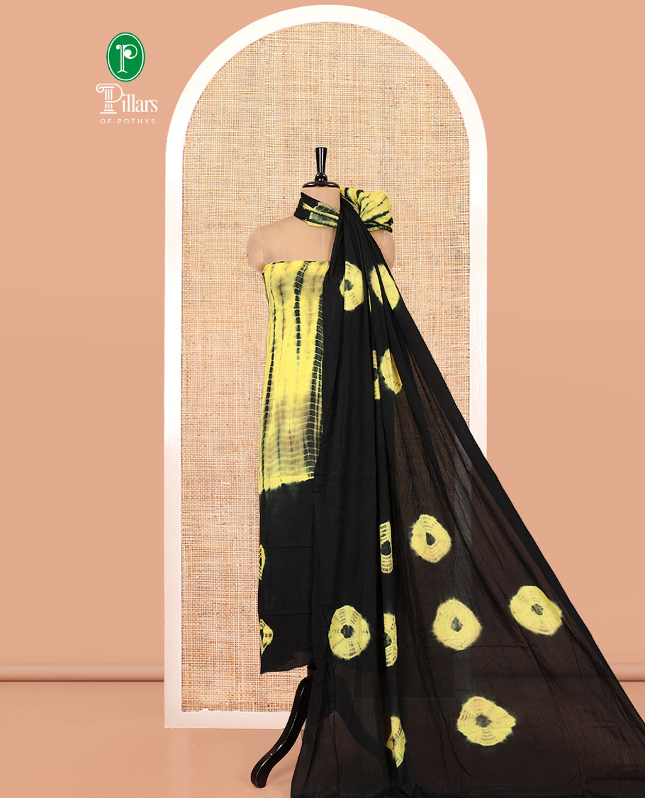 Black and Yellow Material Chudidar Set , Elevated with Shibori Printed Viscose Georgette Top, a Contrast Plain Bottom, Paired with Shibori Printed Dupatta
