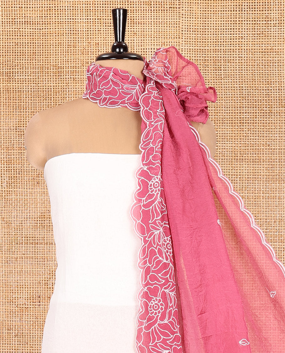 Cream-Pink Organza Material Chudidar, Floral Thread Embroidery Top, Contrast Bottom, and Embroidered Scallop Dupatta