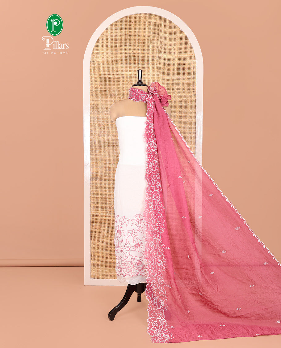 Cream-Pink Organza Material Chudidar, Floral Thread Embroidery Top, Contrast Bottom, and Embroidered Scallop Dupatta