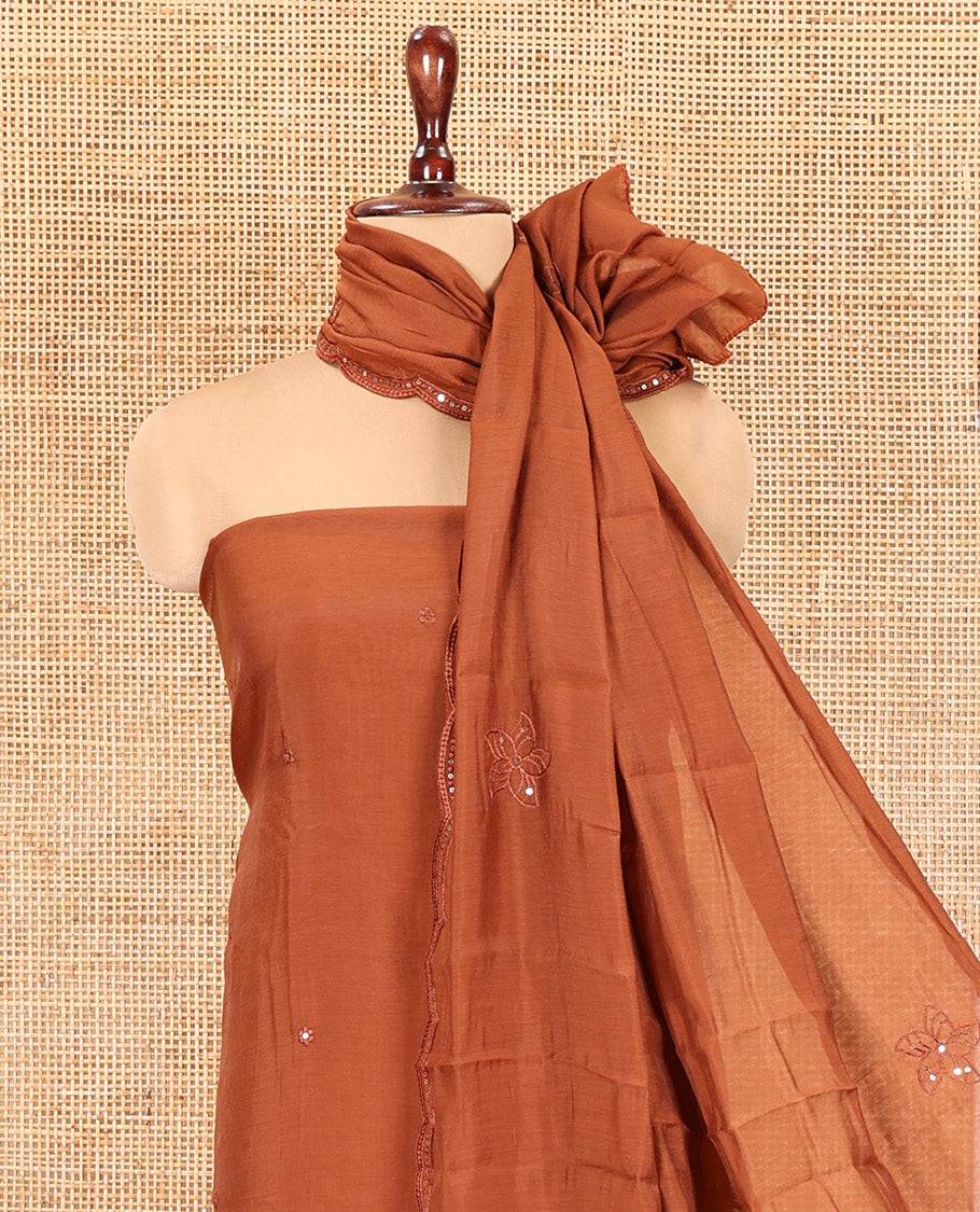 Rust Mul Chanderi Material Chudidar Set, Floral Embroidered Top, Plain Santoon Bottom, and Scallop Embroidered Dupatta