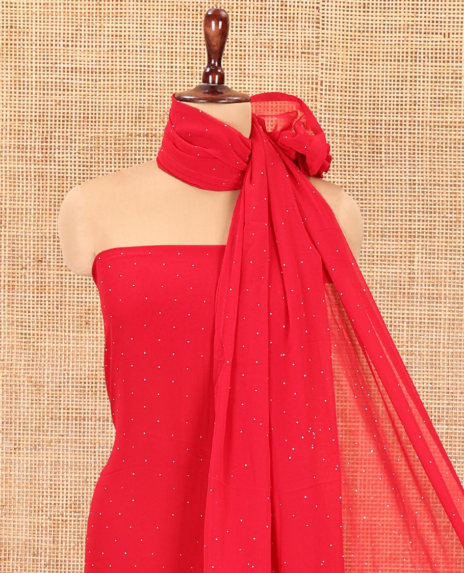 Tomato Red Material Chudidar Set, Adorned with Swarovski Stonework and Floral Fox Georgette Top, a Plain Bottom, and Stonework Dupatta