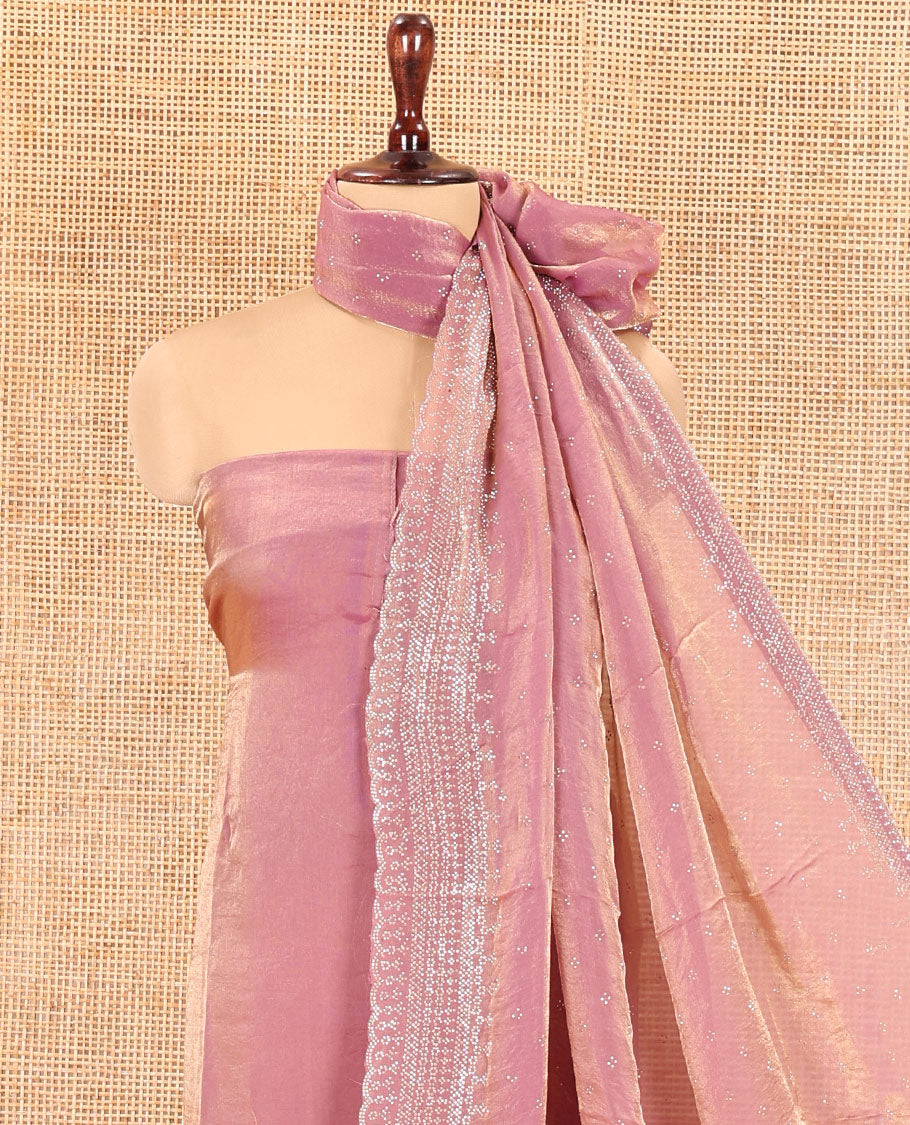 Dusky Lavender Fendi Organza Material Chudidar Fetaures Pom-Pom-Neckline Top, Plain Bottom, and Scallop Embroidered Dupatta