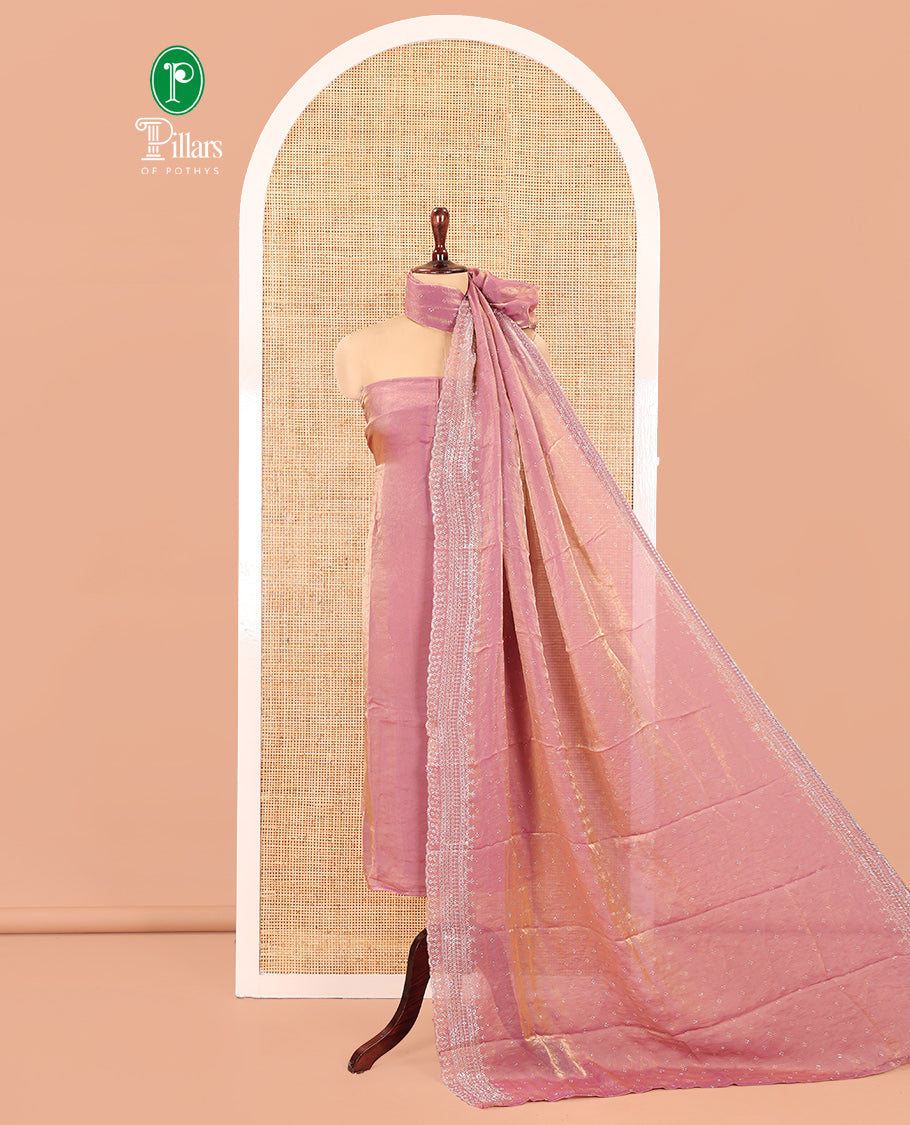 Dusky Lavender Fendi Organza Material Chudidar Fetaures Pom-Pom-Neckline Top, Plain Bottom, and Scallop Embroidered Dupatta