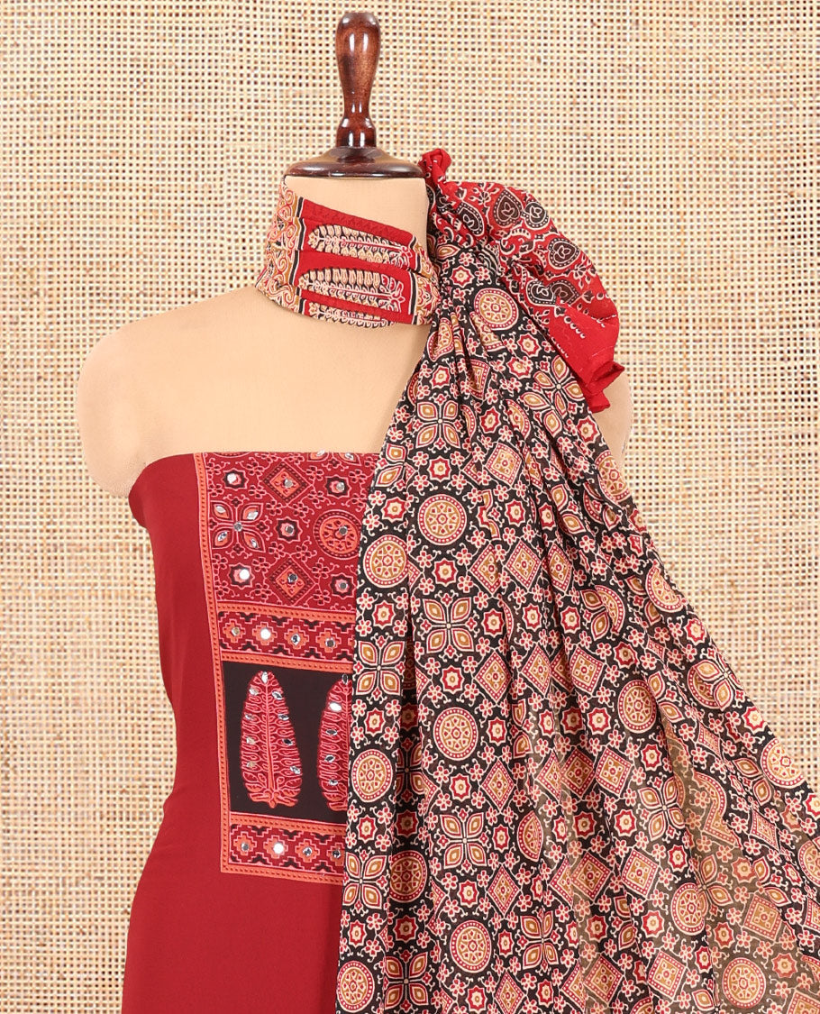 Coffee Brown Georgette Material Churidar, Ajrakh Print and Mirror Work Top, a Matching Bottom, and Ajrakh Printed Dupatta (Copy)