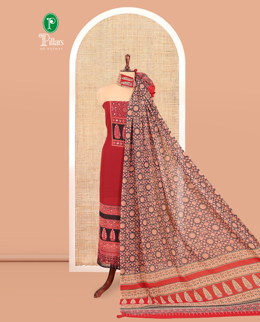 Coffee Brown Georgette Material Churidar, Ajrakh Print and Mirror Work Top, a Matching Bottom, and Ajrakh Printed Dupatta (Copy)