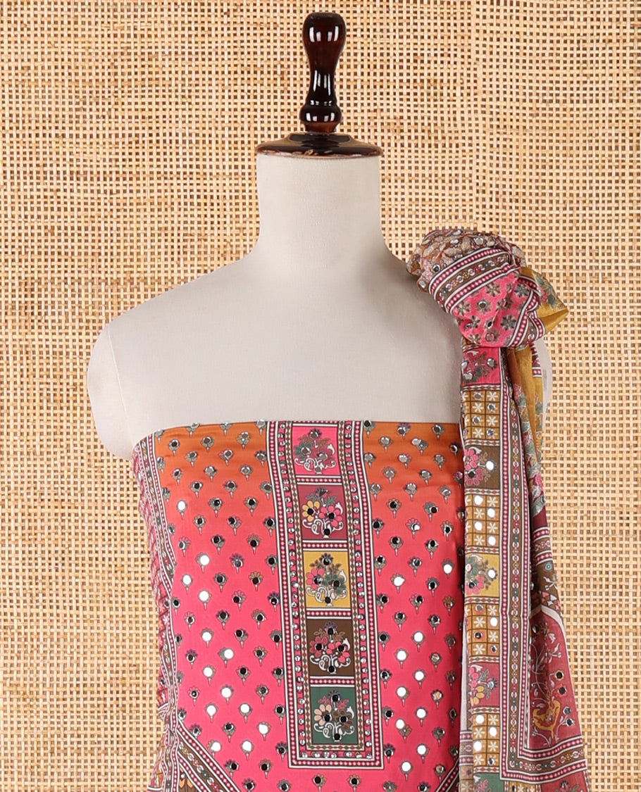 Pink chudidar material set, floral & geometric printed with mirror work crepe top, mughal-style floral printed & mirror work chinon dupatta & plain crepe bottom
