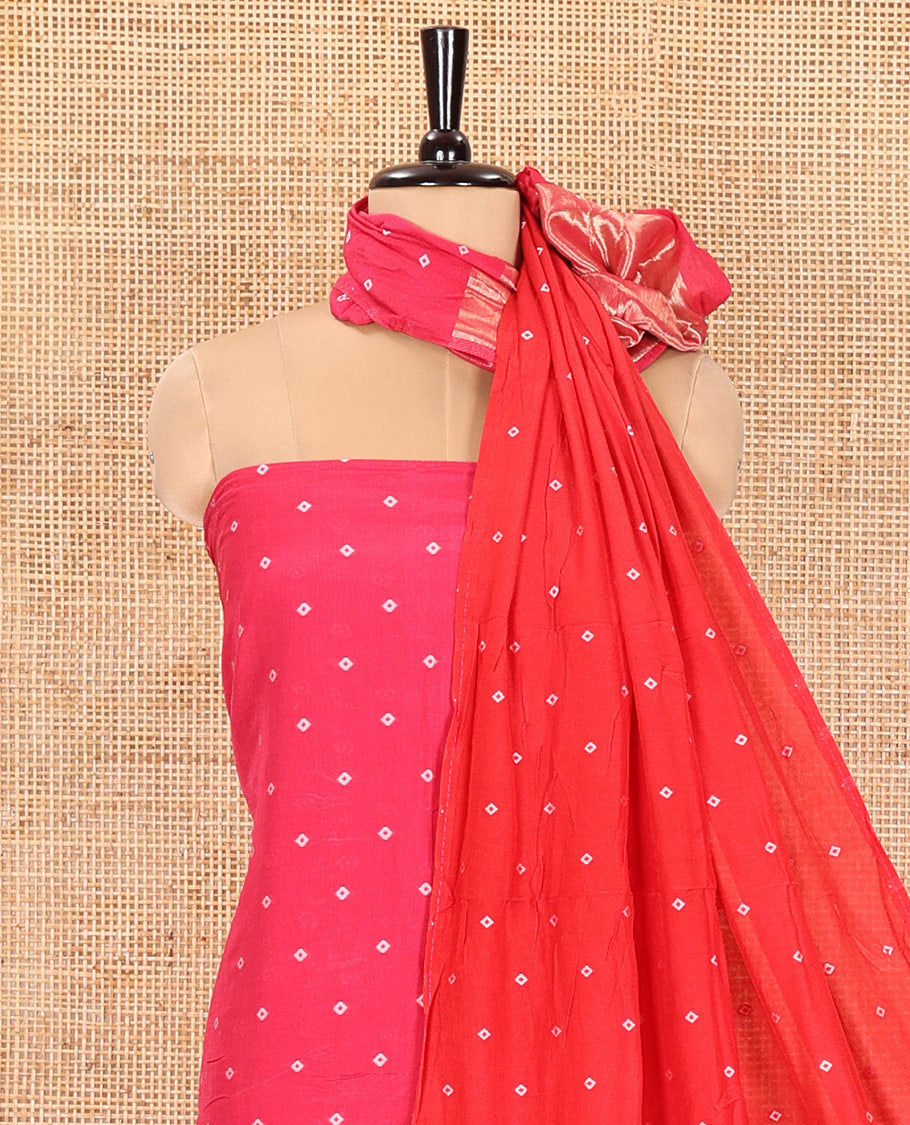 Pink and Red Semi-Silk Material Churidar Set, Prettified with Bandhani Dots Print, Comes with a Plain Santoon Bottom, and Paired with a Double-Colored Dupatta of Bandhani Dots Print