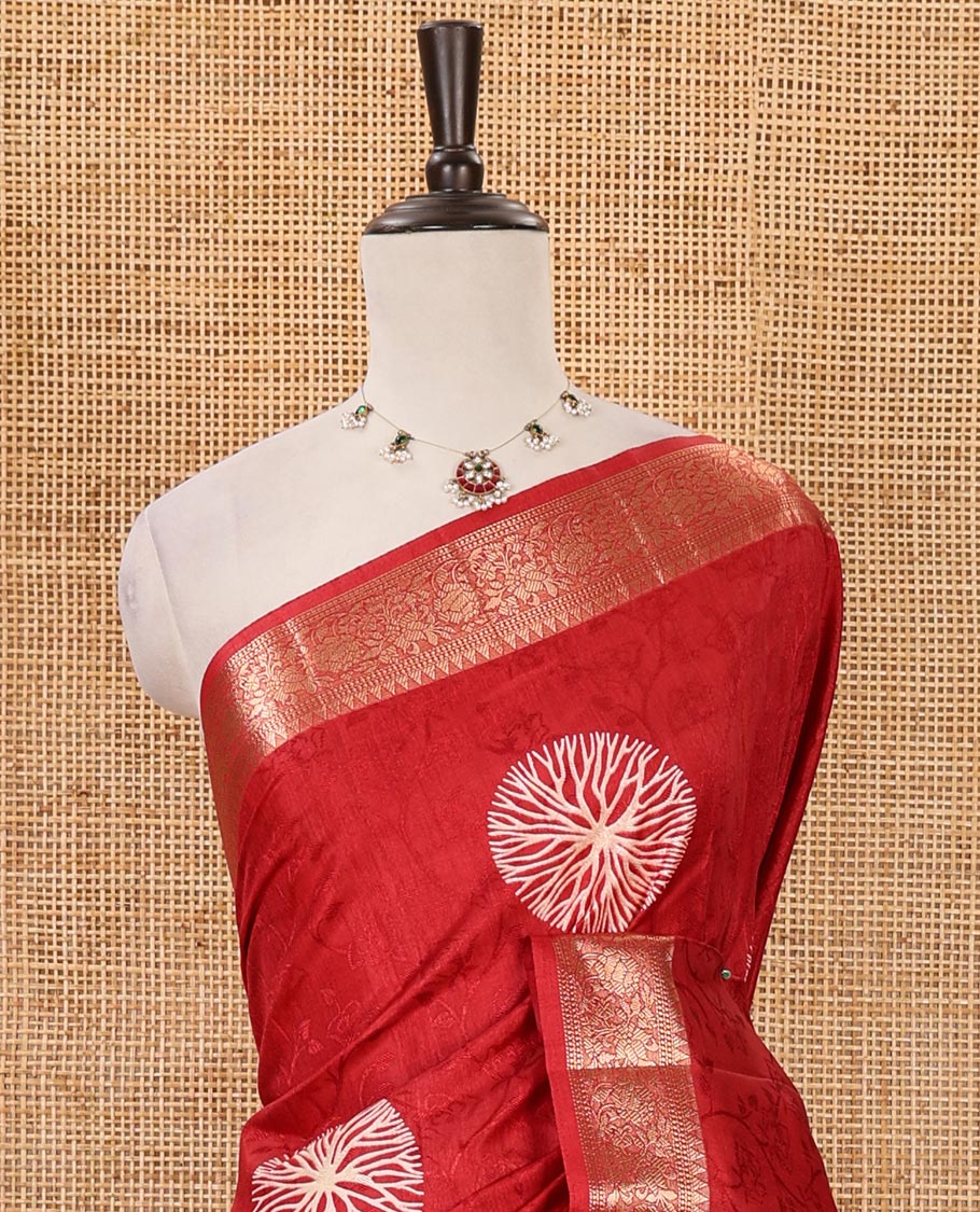 Red shibori printed fancy tussar saree, traditional zari border, shibori printed pallu & matching printed blouse with zari border