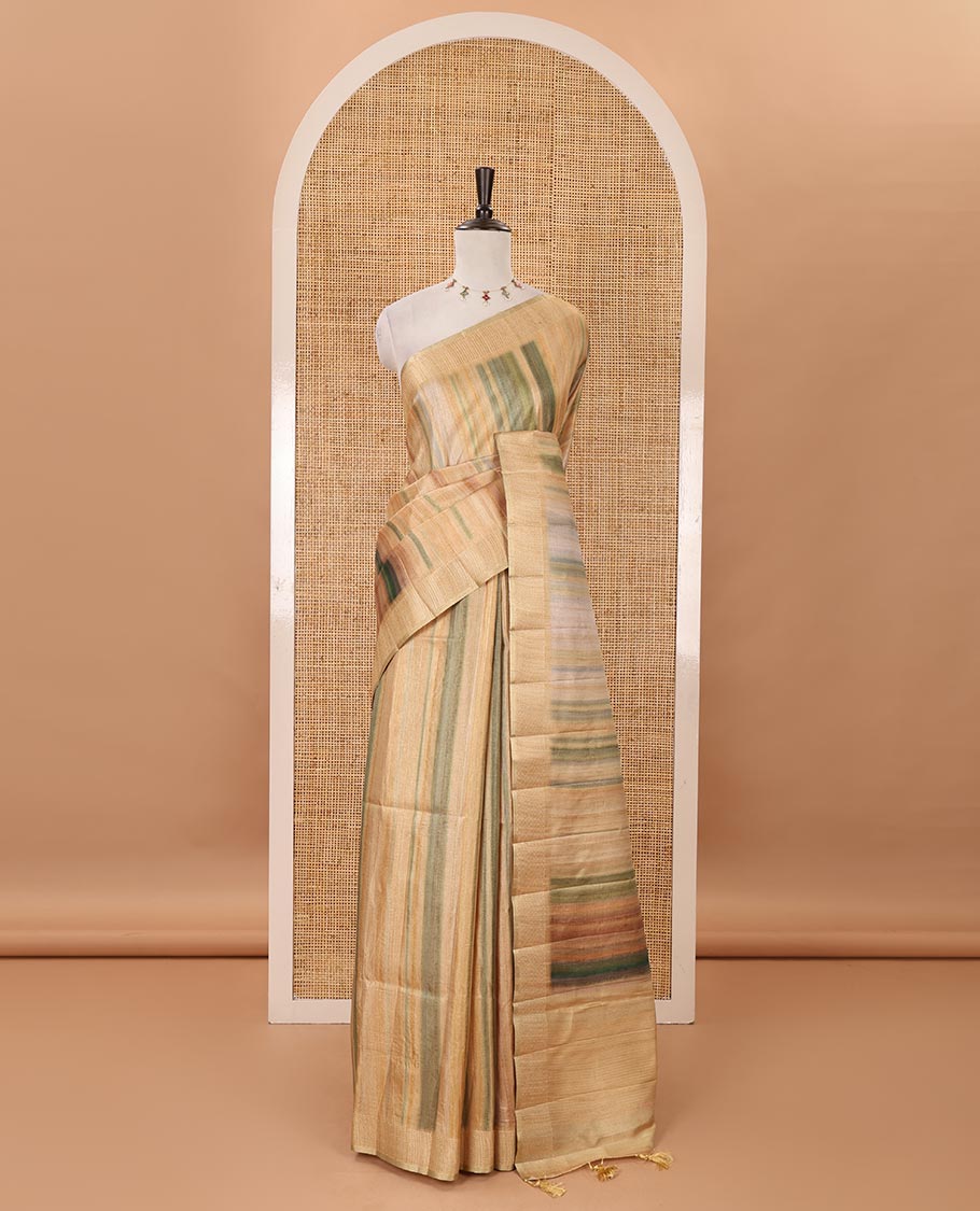 Chikku hand brushing-style multi-colored stripes printed fancy tussar silk saree, zari border, self-pallu & blouse of zari work & stripes print