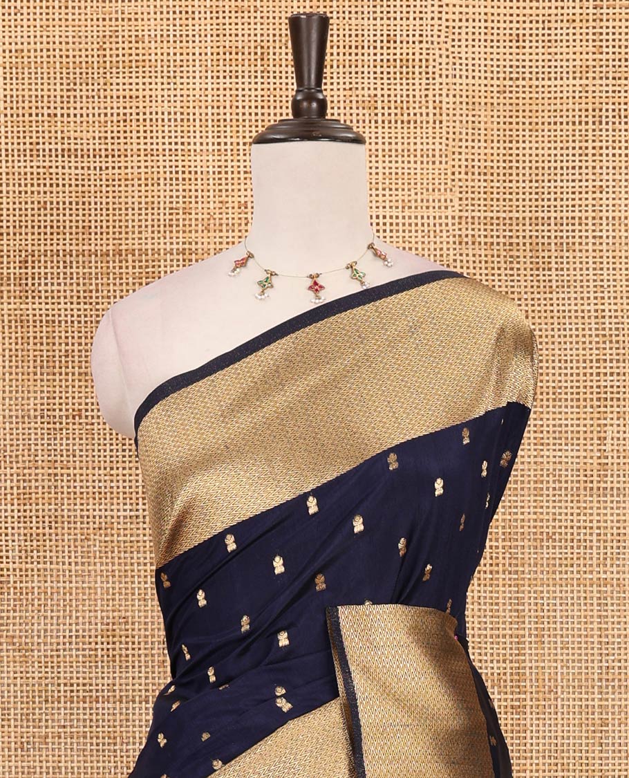 Navy blue zari buttas dola silk saree, vanki zari border, checked blouse & pallu of iruthalai pakshi, kuthirai, kili & yaanai designs