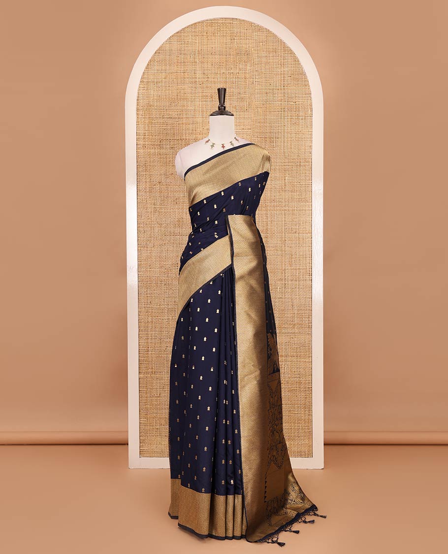 Navy blue zari buttas dola silk saree, vanki zari border, checked blouse & pallu of iruthalai pakshi, kuthirai, kili & yaanai designs
