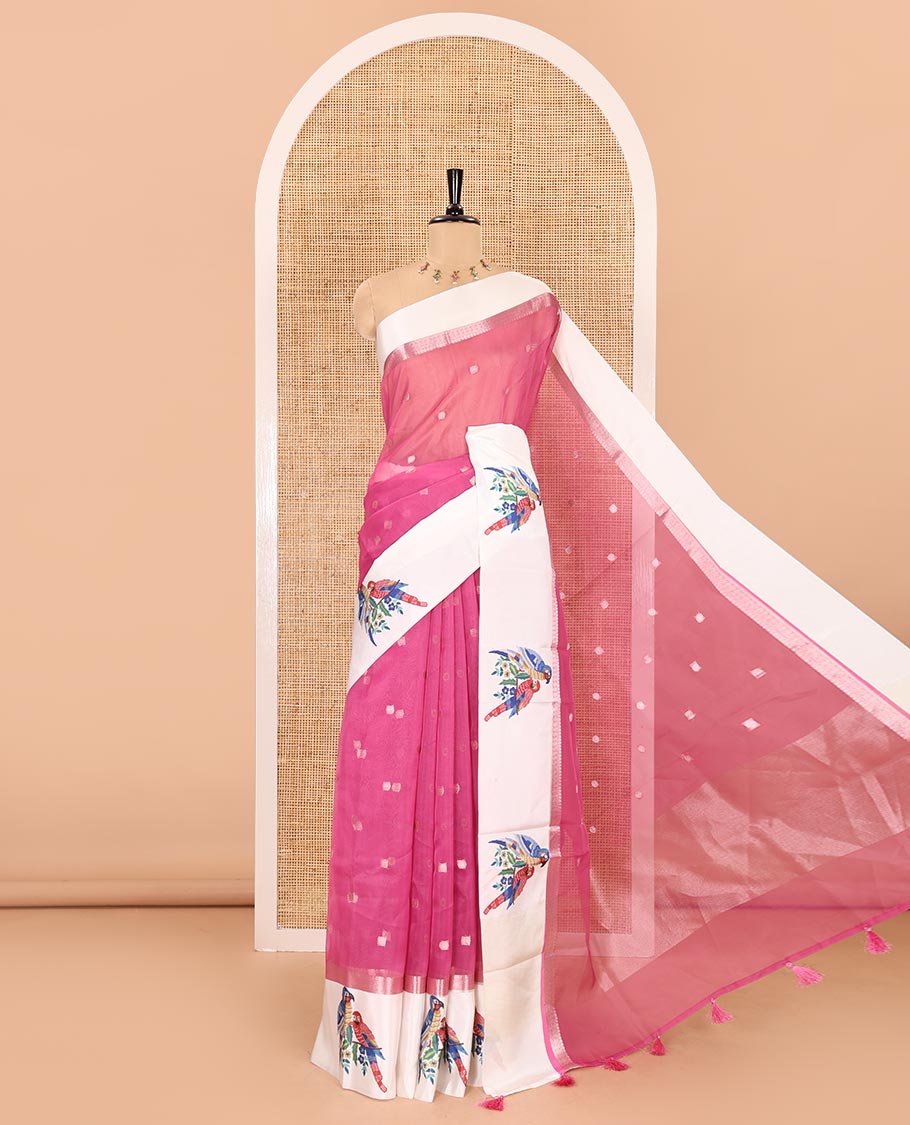Pink zari buttas fancy organza saree, contrast satin with small zari border of macaw parrot motifs digital print, zari pallu, and a running blouse