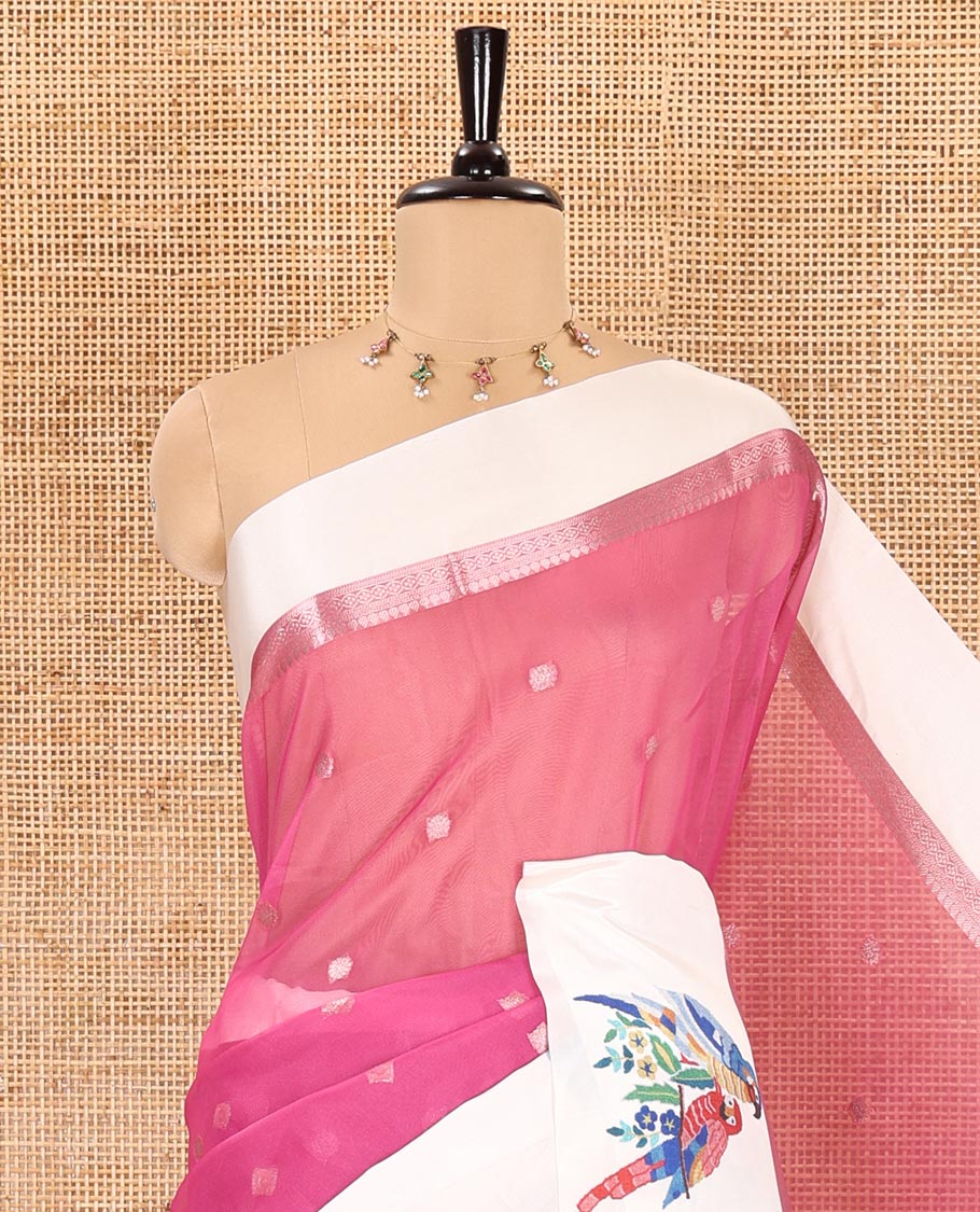 Pink zari buttas fancy organza saree, contrast satin with small zari border of macaw parrot motifs digital print, zari pallu, and a running blouse