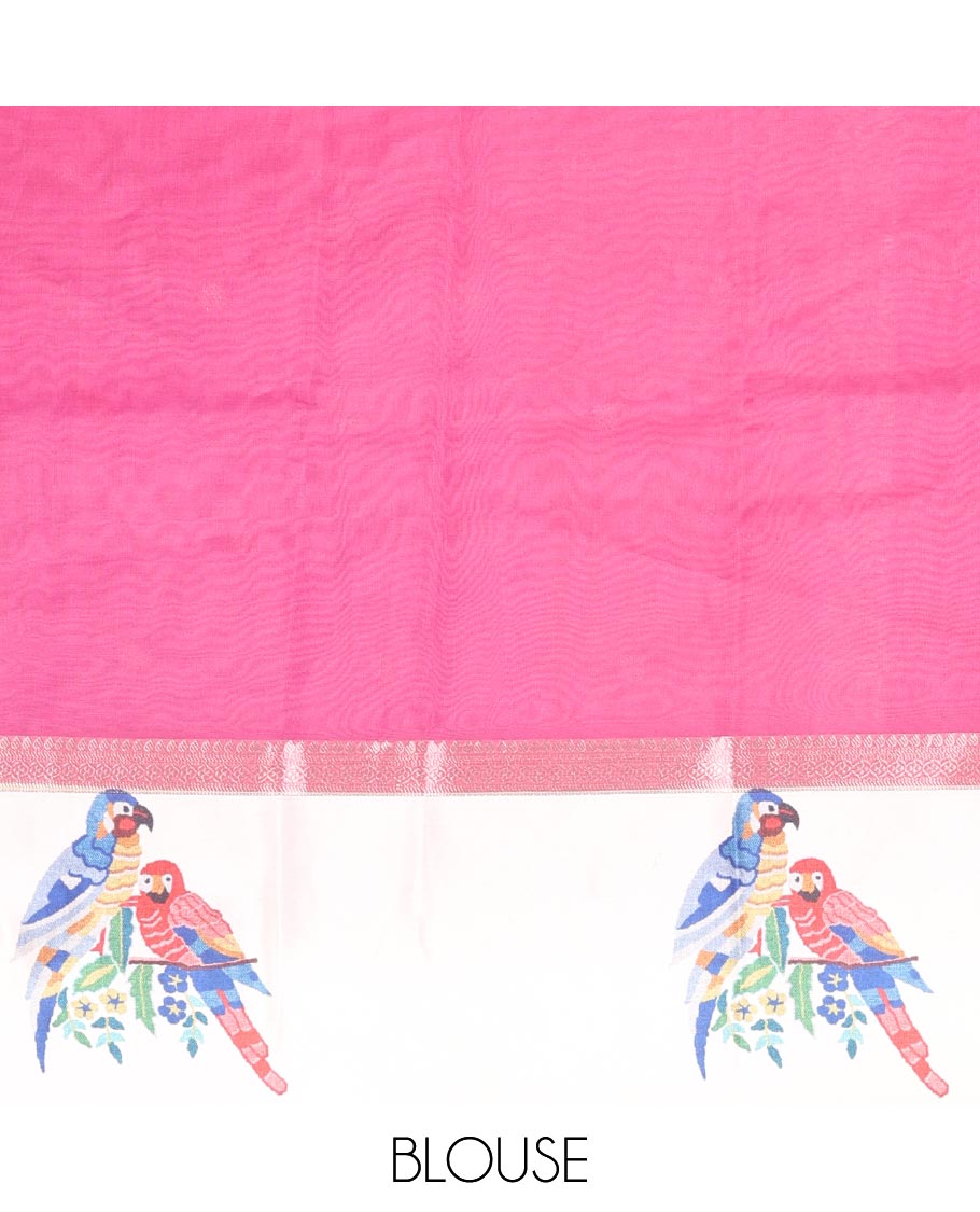 Pink zari buttas fancy organza saree, contrast satin with small zari border of macaw parrot motifs digital print, zari pallu, and a running blouse