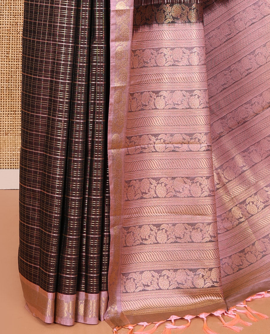 Brown Kanchipuram Budget Silk Saree, Spotlighted with Zari Checks All Over Its Body, Complemented by a Contrast Floral Creeper Design Zari Border, Pallu Steeped with Floral Designs, and Paired with a Contrast Blouse