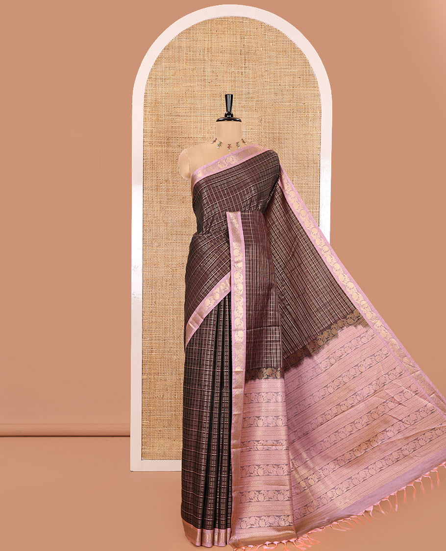 Brown Kanchipuram Budget Silk Saree, Spotlighted with Zari Checks All Over Its Body, Complemented by a Contrast Floral Creeper Design Zari Border, Pallu Steeped with Floral Designs, and Paired with a Contrast Blouse