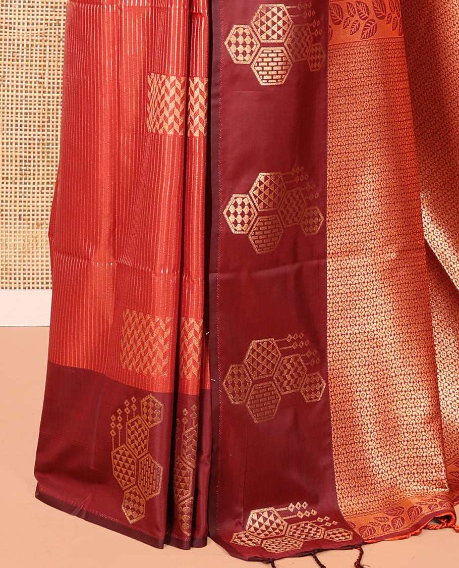 Rust Fancy Soft Silk Saree, Elevated with Zari Buttas and Zari Stripes, Complemented by a Contrast Border of Hexagon-Shaped Designs, Majestically Detailed Pallu, and Paired with a Contrast Blouse