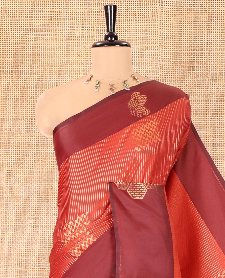 Rust Fancy Soft Silk Saree, Elevated with Zari Buttas and Zari Stripes, Complemented by a Contrast Border of Hexagon-Shaped Designs, Majestically Detailed Pallu, and Paired with a Contrast Blouse