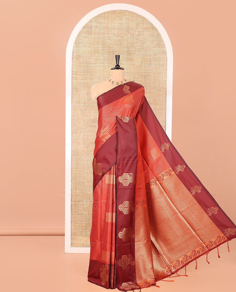 Rust Fancy Soft Silk Saree, Elevated with Zari Buttas and Zari Stripes, Complemented by a Contrast Border of Hexagon-Shaped Designs, Majestically Detailed Pallu, and Paired with a Contrast Blouse