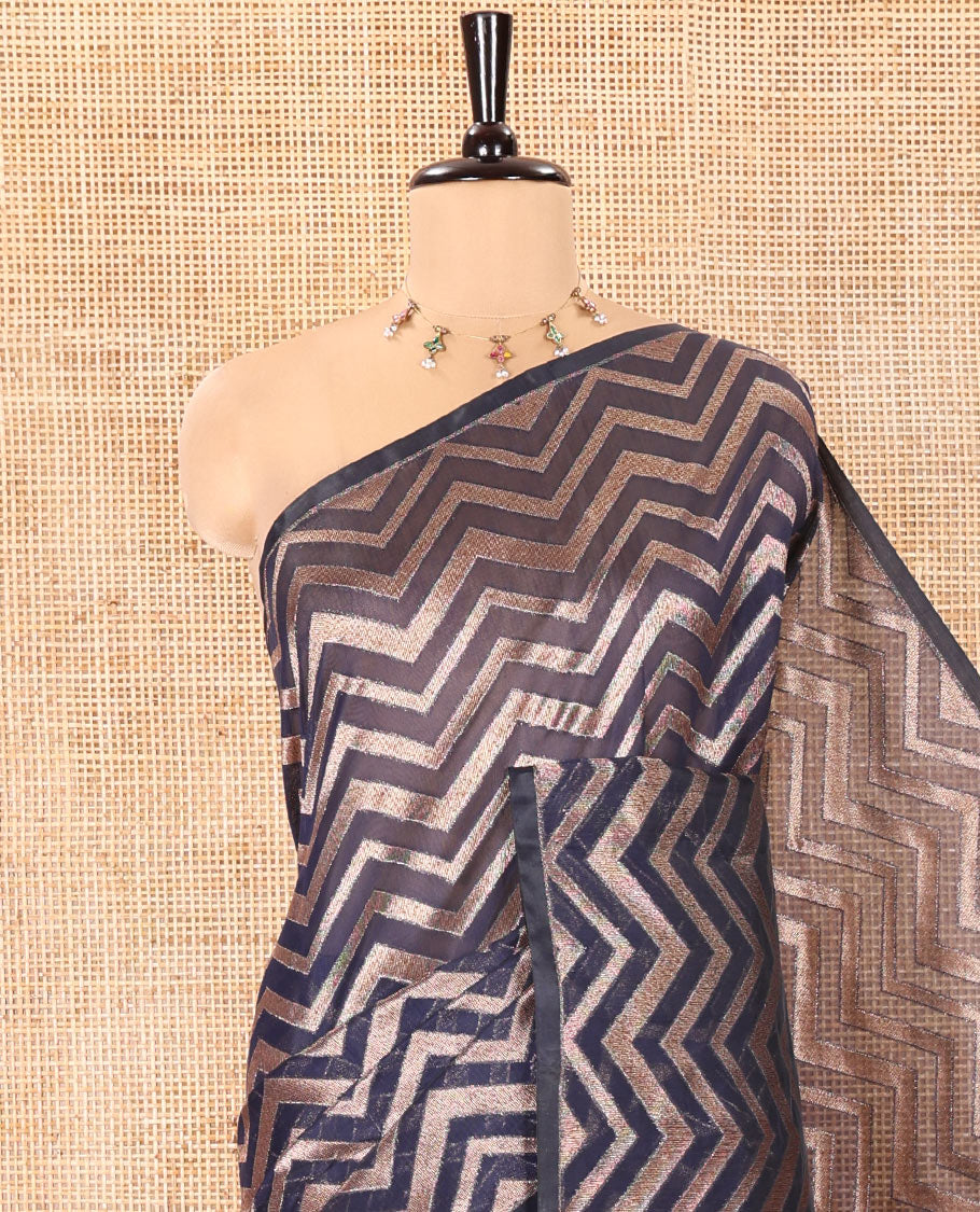 Borderless Blue Chanderi Cotton Saree, Adorned with Chevron Zari Stripes on Its Body, Complemented by Contrast Intricate Jaal Pallu, and Paired with Contrast Blouse
