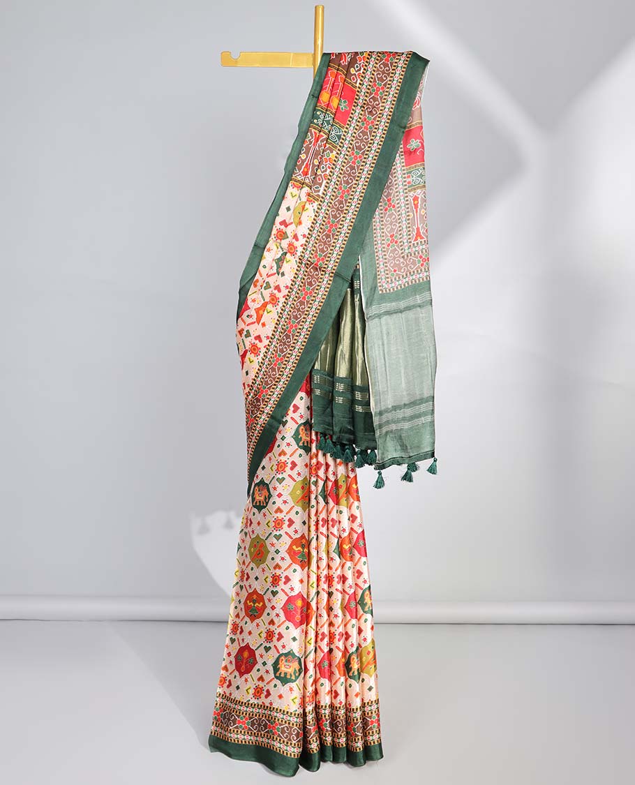 Multi-colored elephant motifs enclosed with ogee design semi-banaras printed saree & contrast border & pallu of intricate design
