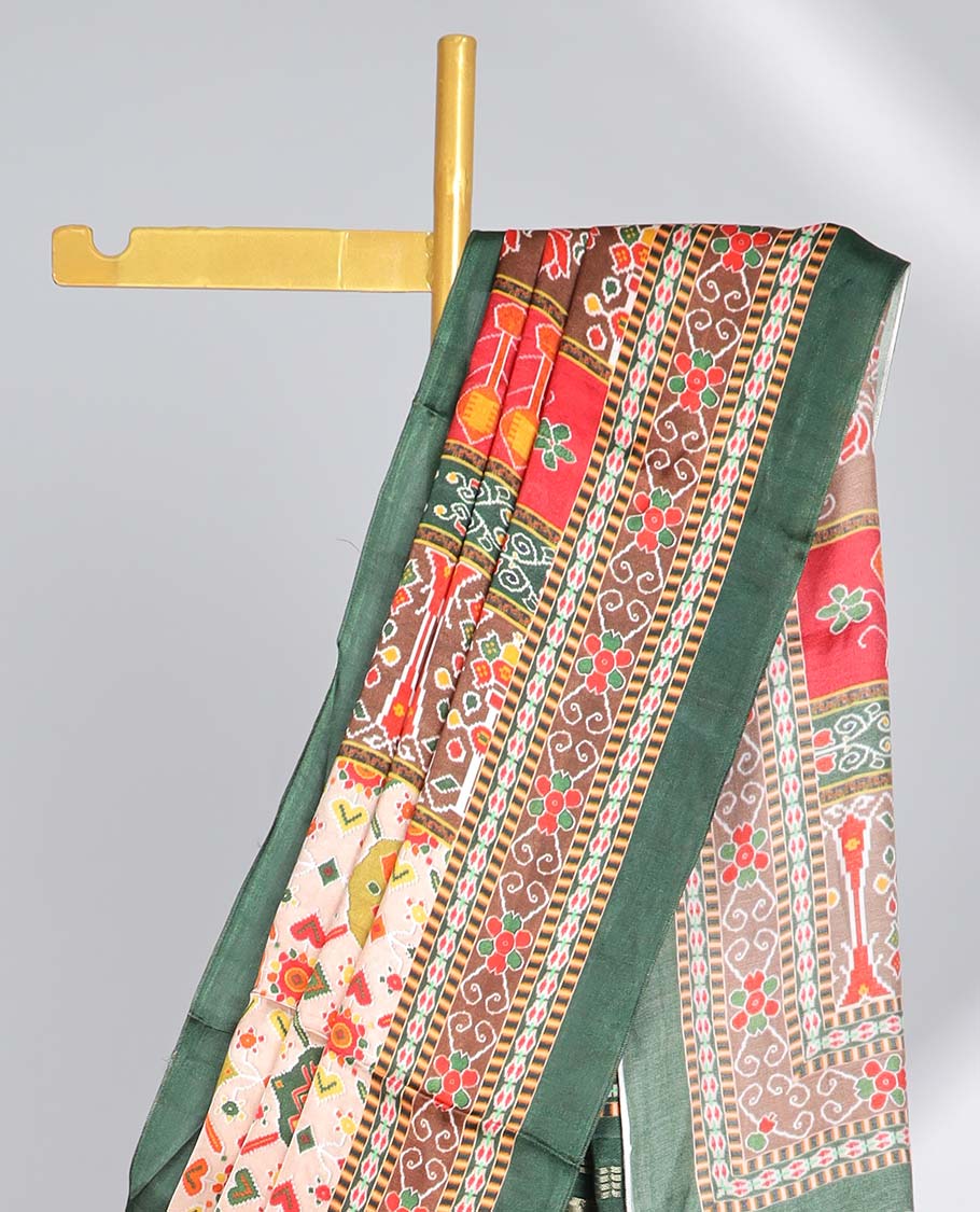 Multi-colored elephant motifs enclosed with ogee design semi-banaras printed saree & contrast border & pallu of intricate design