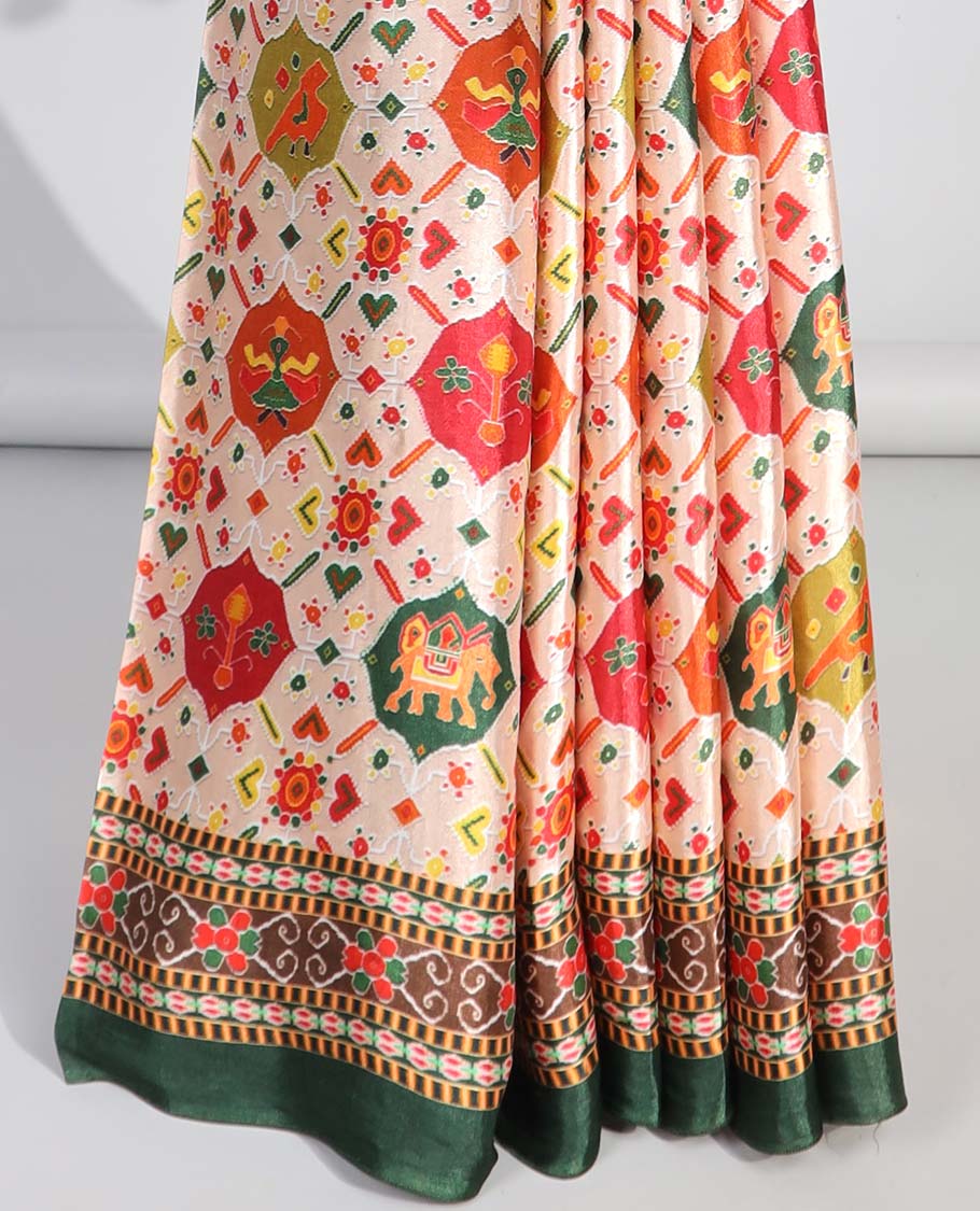 Multi-colored elephant motifs enclosed with ogee design semi-banaras printed saree & contrast border & pallu of intricate design