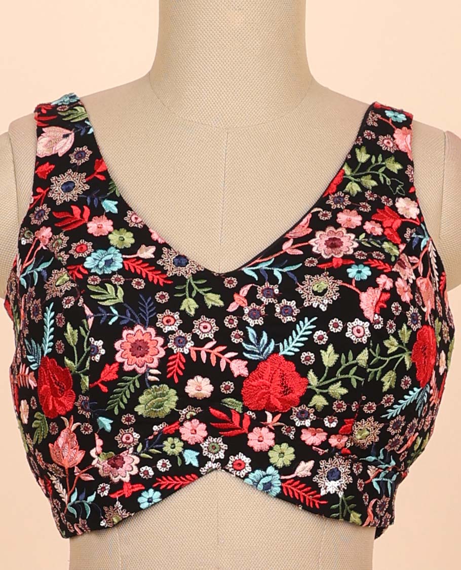 Black floral embroidered front & back deep v-neck raw-silk readymade sleeveless blouse