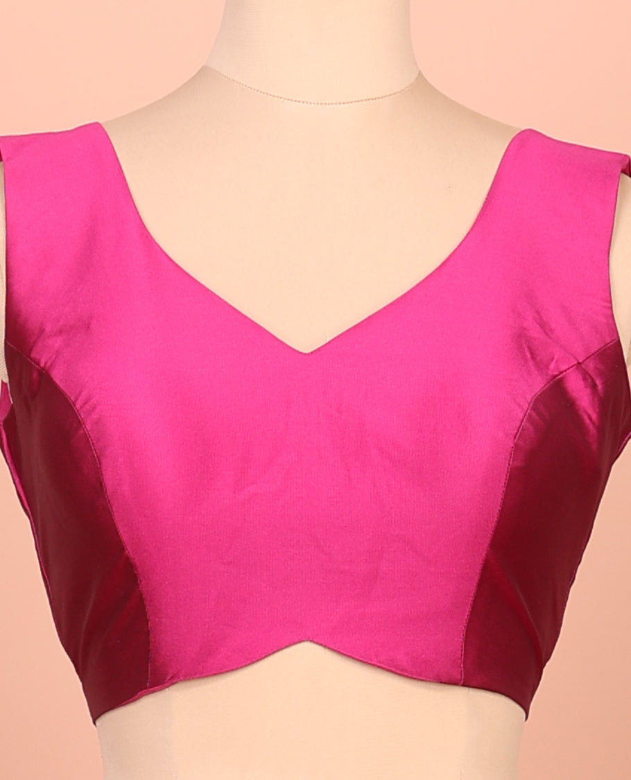 Pink Plain Readymade Blouse Featuring a Front V-Neck, Back Deep V-Neck, and Sleeveless