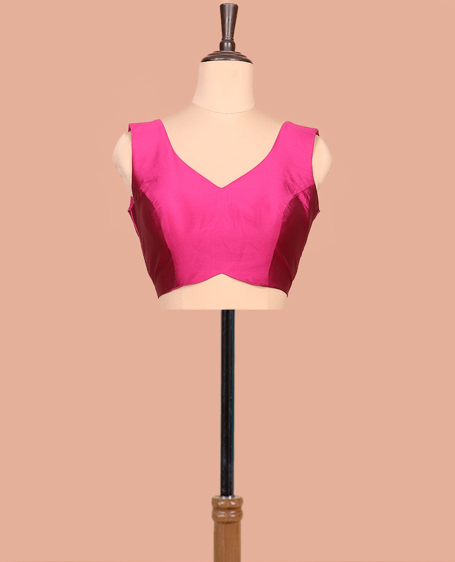 Pink Plain Readymade Blouse Featuring a Front V-Neck, Back Deep V-Neck, and Sleeveless