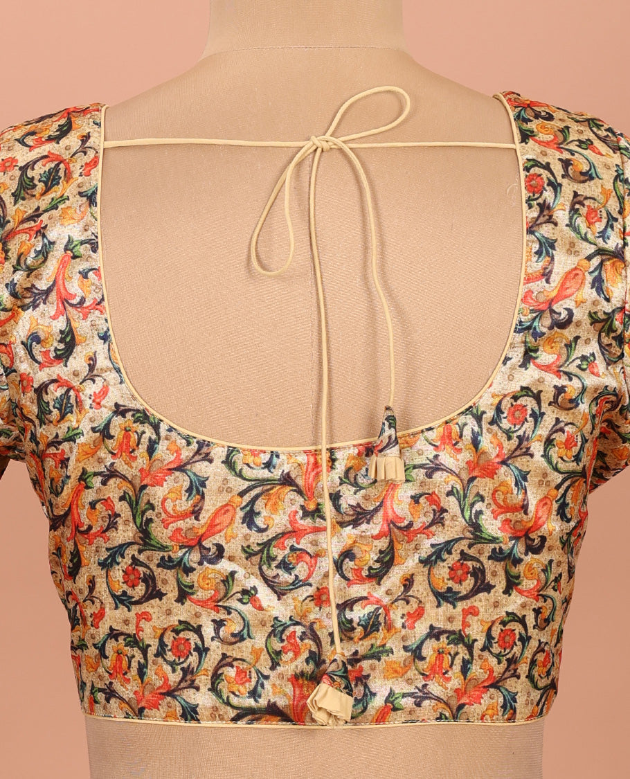 Sandal floral vine printed front-back round-neck elbow sleeve readymade blouse