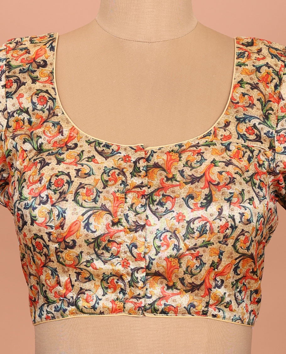 Sandal floral vine printed front-back round-neck elbow sleeve readymade blouse