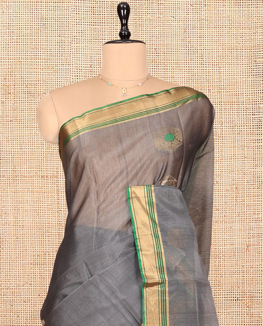 Grey Silk Cotton Saree, Decorated with Zari Buttas, Complemented by Contrast Zari Border, a Pallu of Geometric Designs, and Contrast Blouse