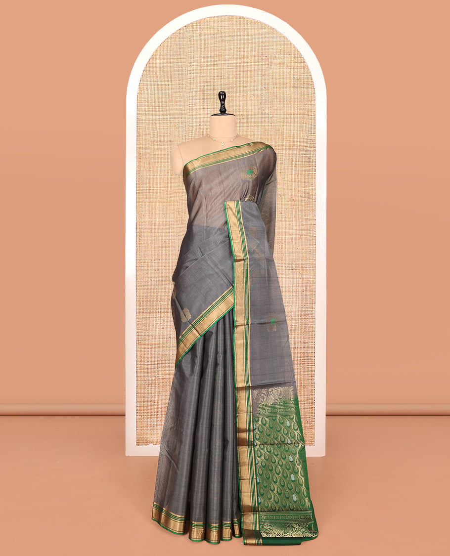 Grey Silk Cotton Saree, Decorated with Zari Buttas, Complemented by Contrast Zari Border, a Pallu of Geometric Designs, and Contrast Blouse