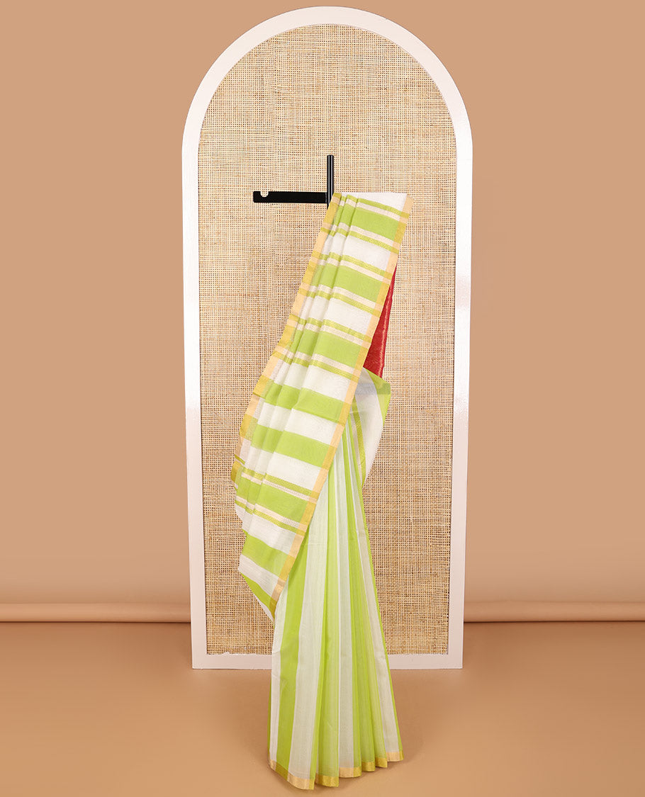 Green with white striped silk cotton saree with contrast zari border & jaal design pallu