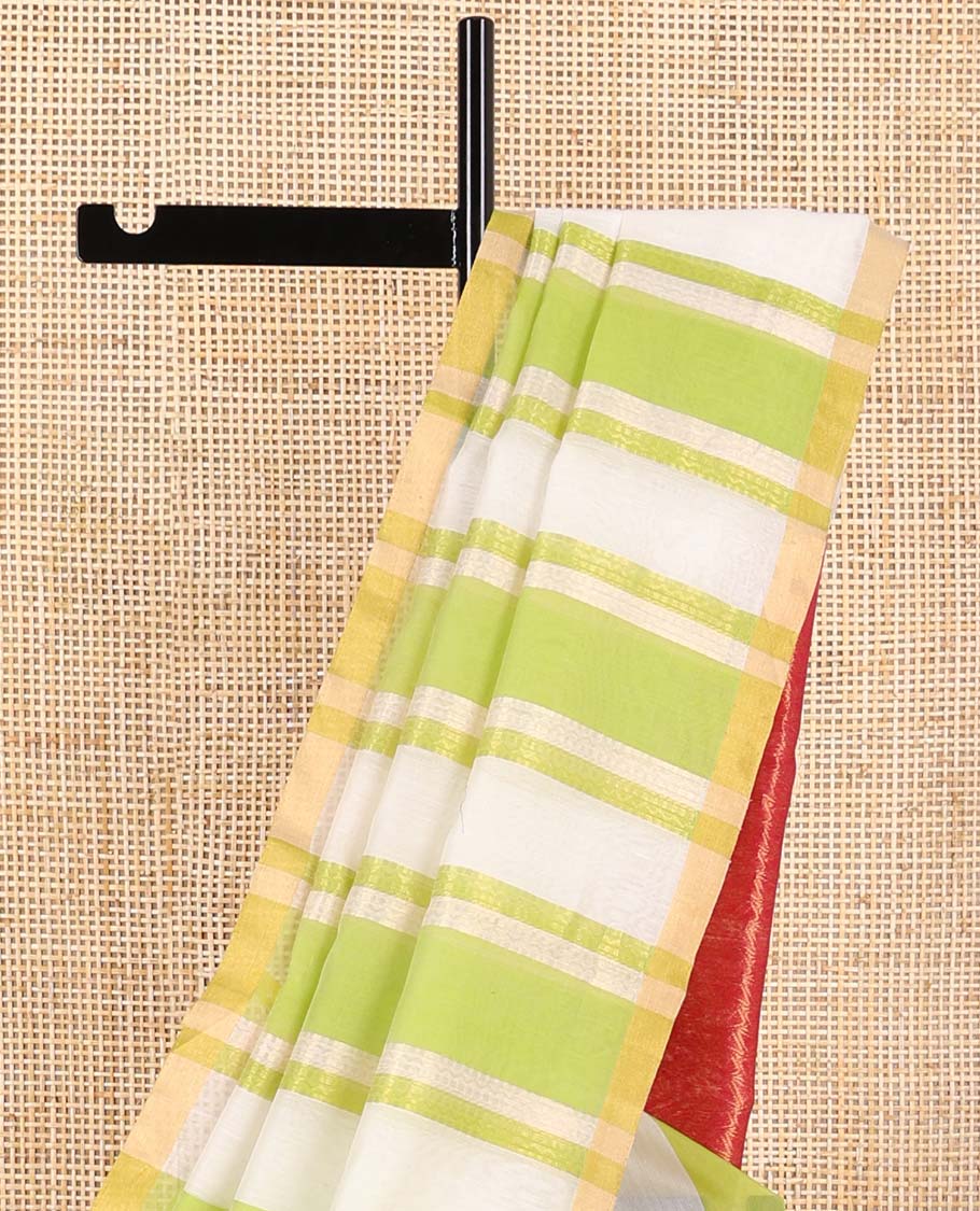 Green with white striped silk cotton saree with contrast zari border & jaal design pallu